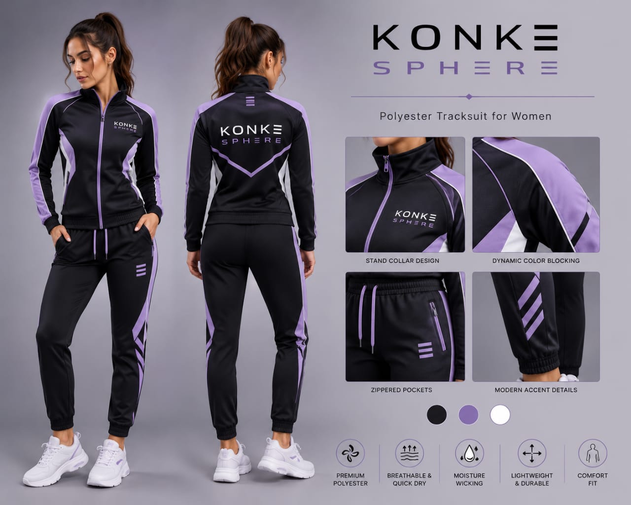 Konke Sphere polyester tracksuit — signature black, lavender and white colorway